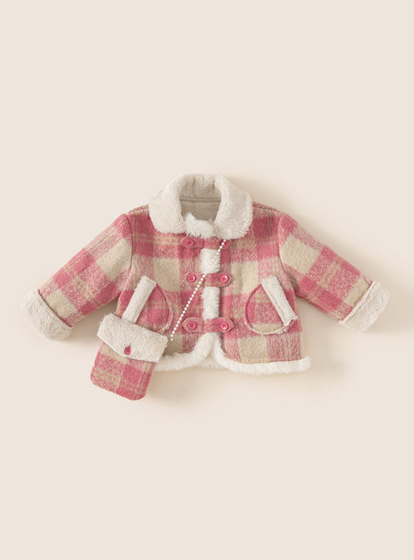 Gentle Plaid Faux Rabbit Fur Lined Coat & Purse Set