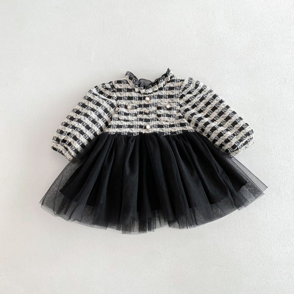 French Elegance Black Tweed and Tulle Dress