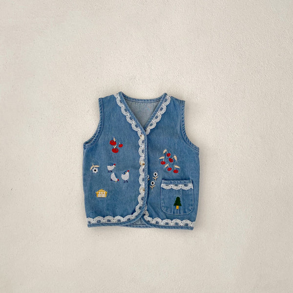 Playful Embroidery Lace Denim Vest