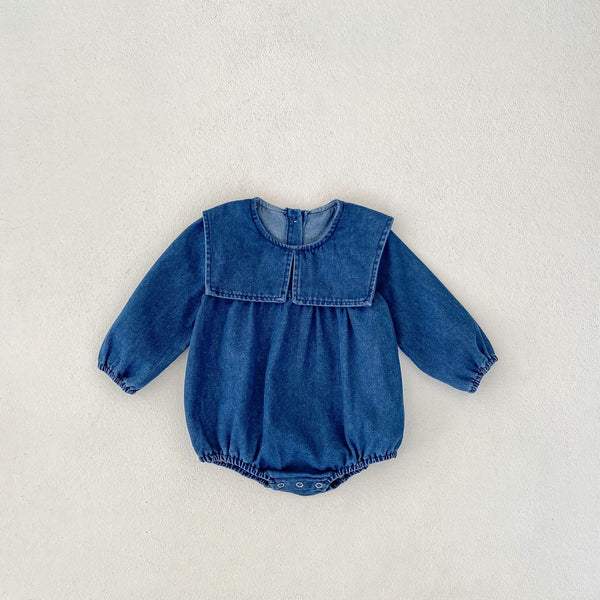 Square Sailor Collar Denim Romper