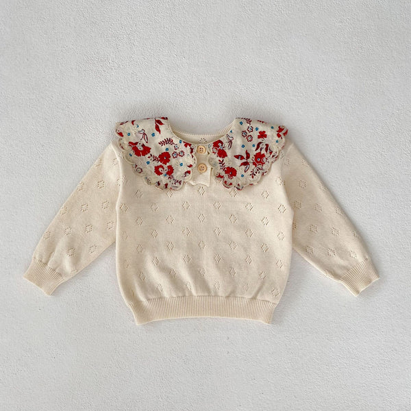 Cream White Floral Embroidered Collar Knit Sweater