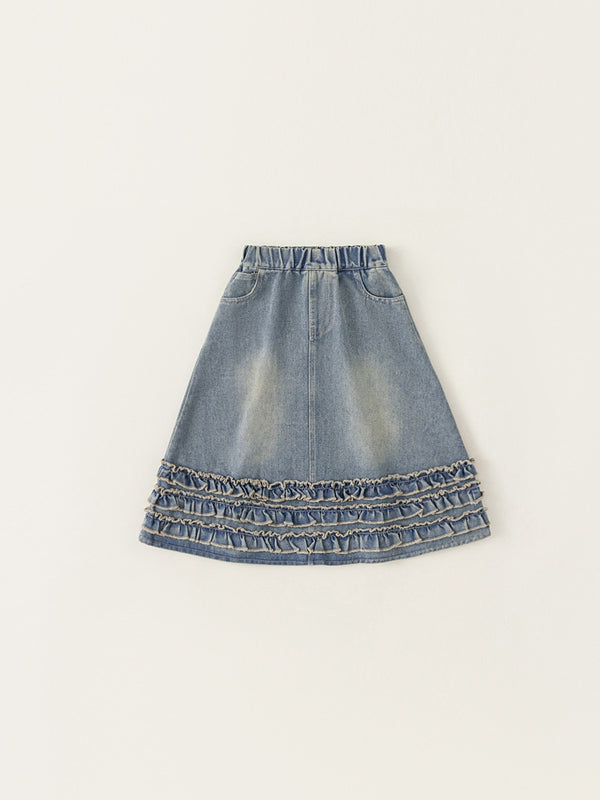 Vintage Ruffle Hem Faded Denim Skirt