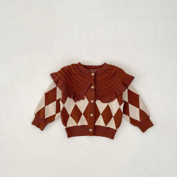 Vintage Argyle Ruffle Collar Knit Cardigan