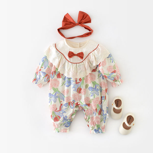 Blossom Ruffle Jumpsuit with Red Bow Headband Set