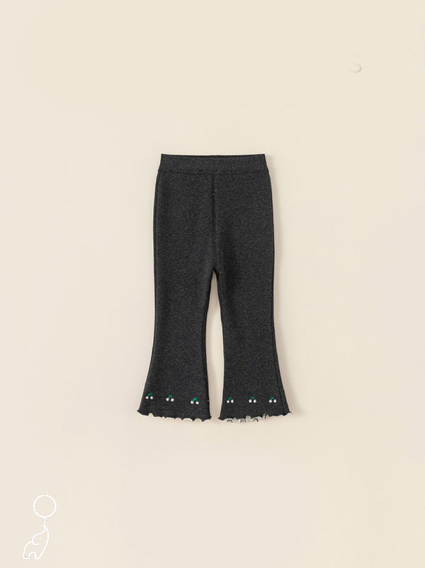 Cherry Embroidered Flared Leggings with Fleece Lining