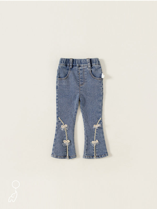 Chic and Elegant Bow-Adorned Flare Denim Pants