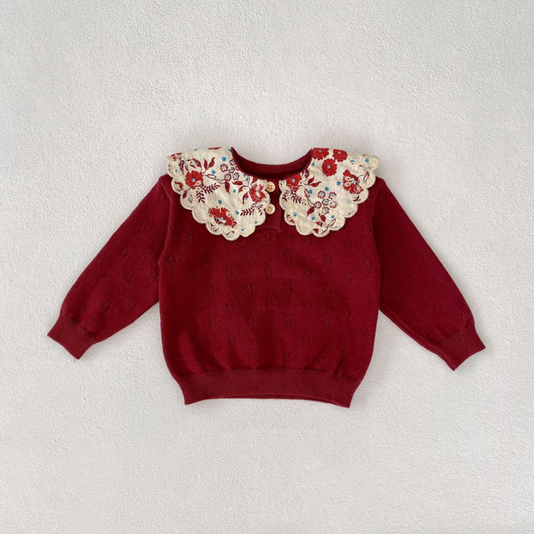 Burgundy Floral Embroidered Collar Knit Sweater