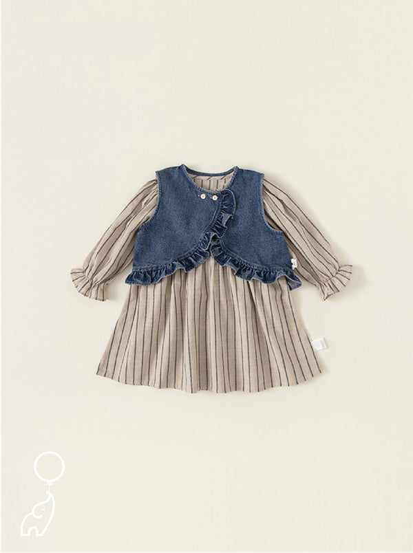 Denim Ruffle Vest and Striped Dress Set