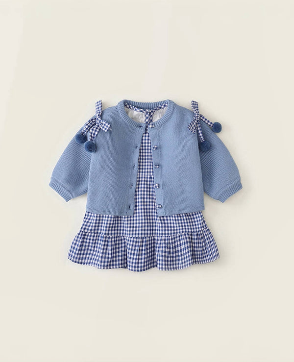 Serene Skies Pom-Pom Cardigan & Checkered Charm Dress Set