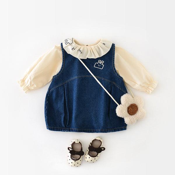 Bunny Denim Vest Dress & Ruffle Collar Blouse Set