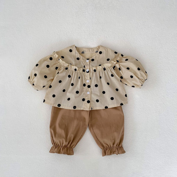 Polka Dot Ruffled Blouse with Brown Gathered Pants Set