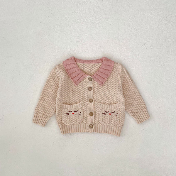 Sweet Kitty Embroidered Pockets Knit Cardigan