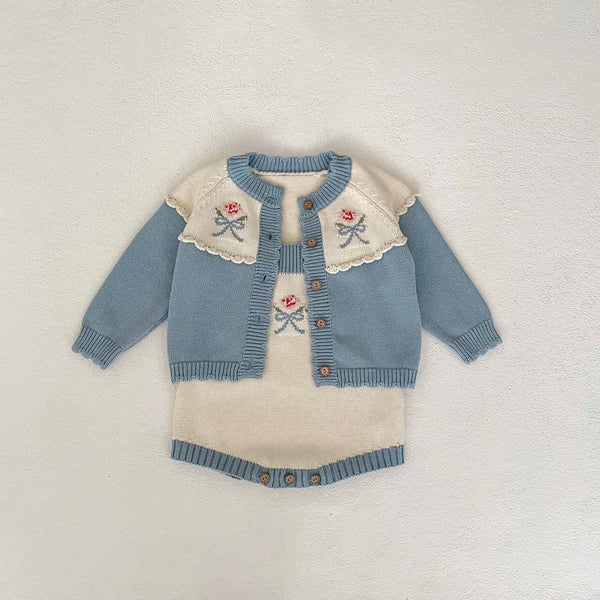 Elegant Misty Blue Bow Embroidered Cardigan and Romper Set