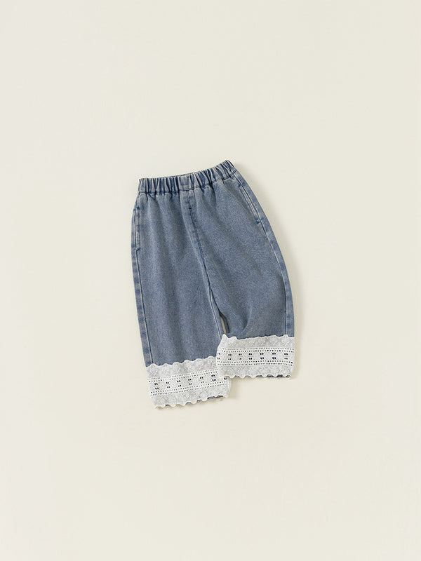 Lace-Trimmed Denim Palazzo Pants