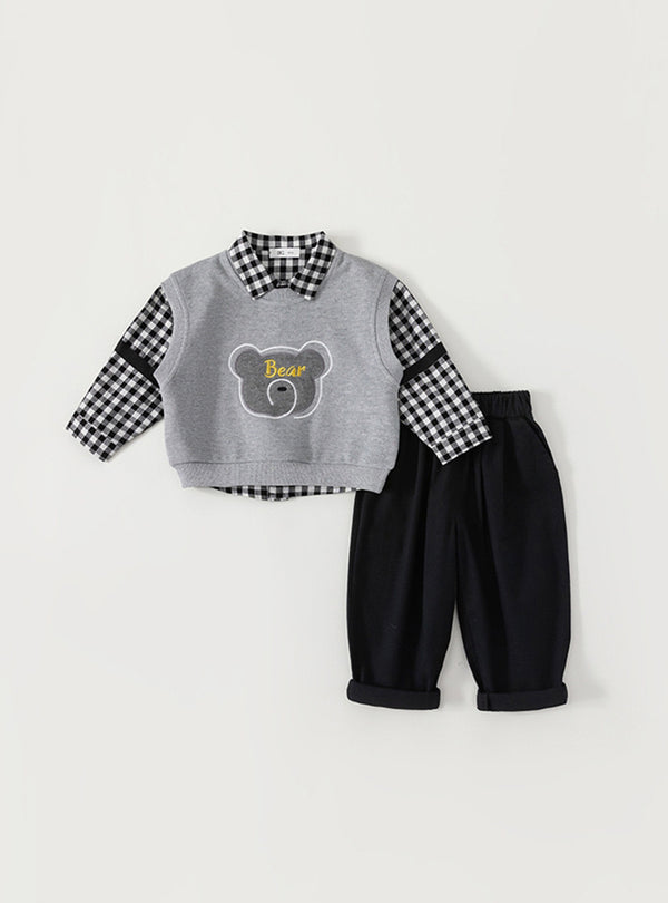 Stylish Bear Vest Plaid Set