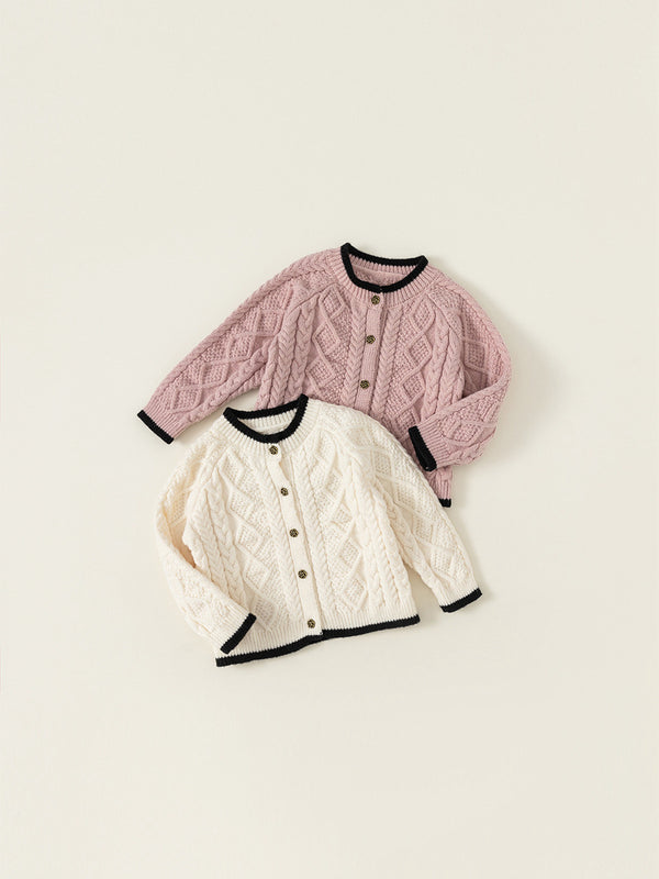 Elegant Two-Tone Knit Cardigan with Rose Buttons