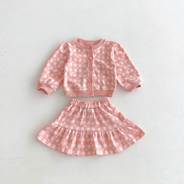 Pink Gingham Love Knit Cardigan & Skirt Set