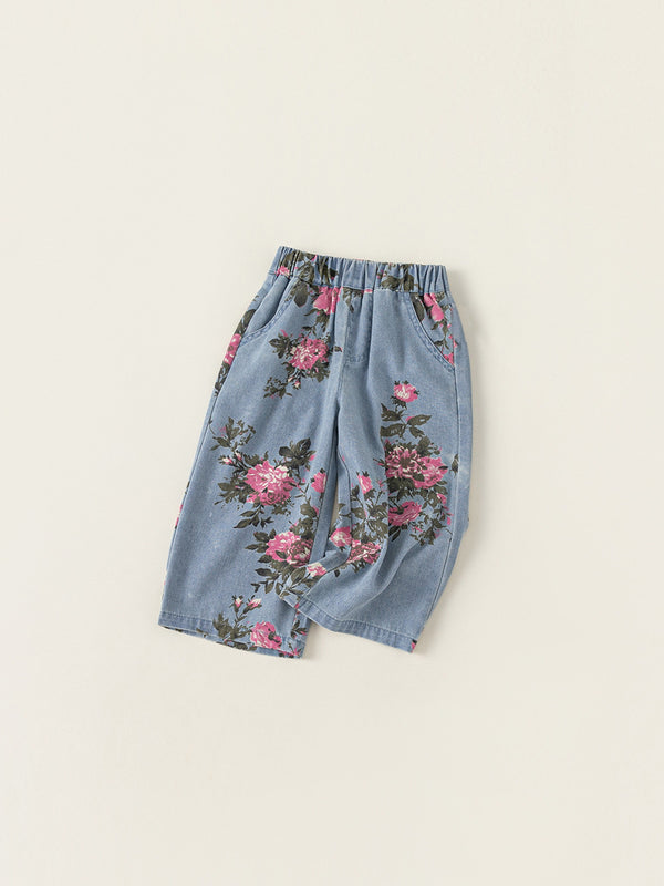 Vintage Floral Denim Wide-Leg Pants