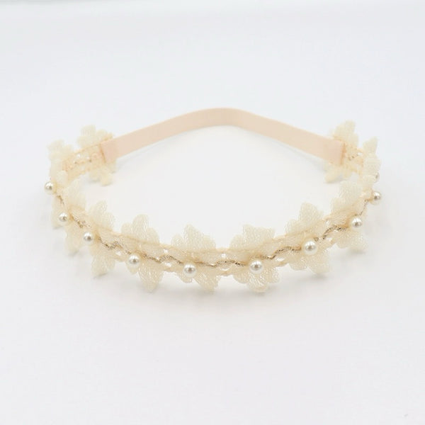 Luxurious Gold-Threaded Pearl Chiffon Floral Hairband