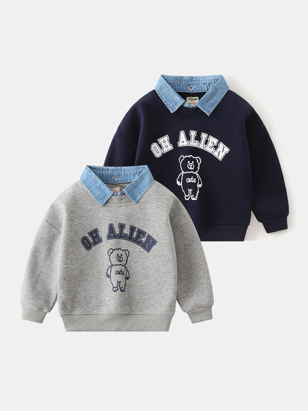 ALLEN BEAR Denim Collar Faux Two-Piece Sweatshirt