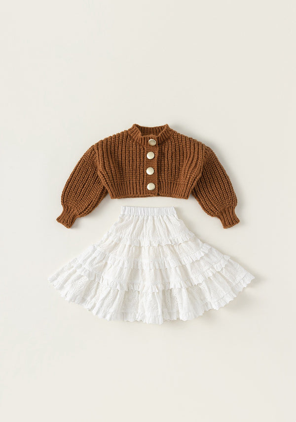 Caramel Knit Top & White Tiered Skirt Set