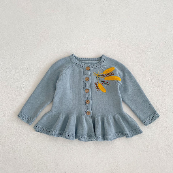 Wheat Embroidery Flared Knit Cardigan