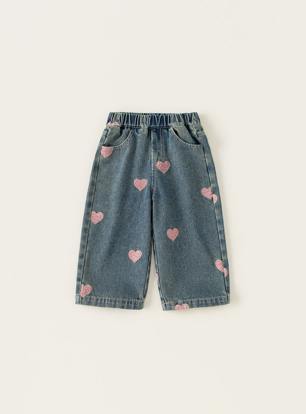 Pinky Sweetheart Embroidered Denim Wide Pants