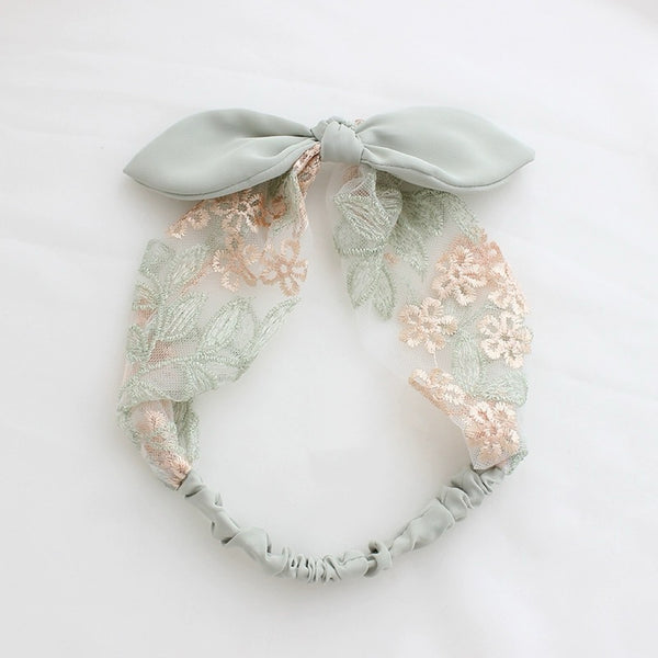 [Mommy & Me] Lake Green Floral Embroidered Bow Hairband (Sizes for Children & Adults)