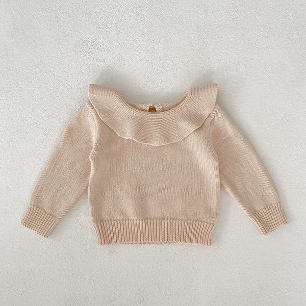 Elegant Beige Pink Ruffle Collar Knit Sweater