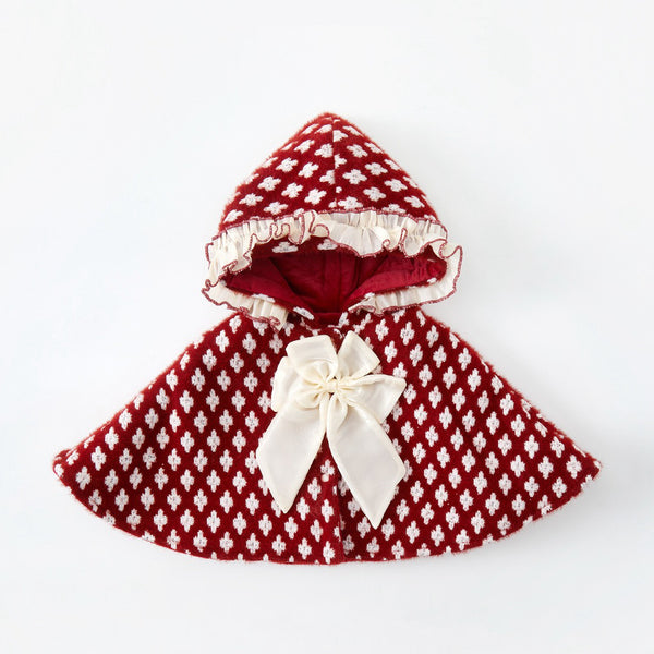 Red Berry Quilted Floral Dot Hooded Cape with Bow