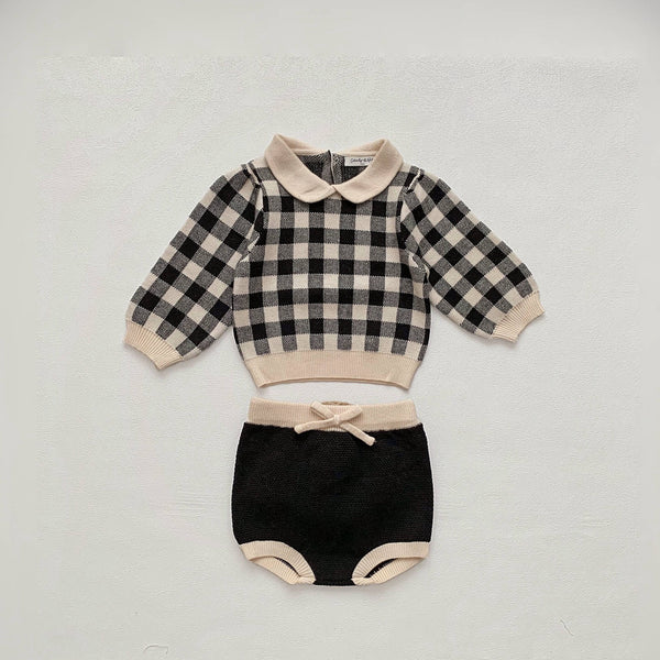 Black & Ivory Checkered Bunny Pom-Pom Knit Set