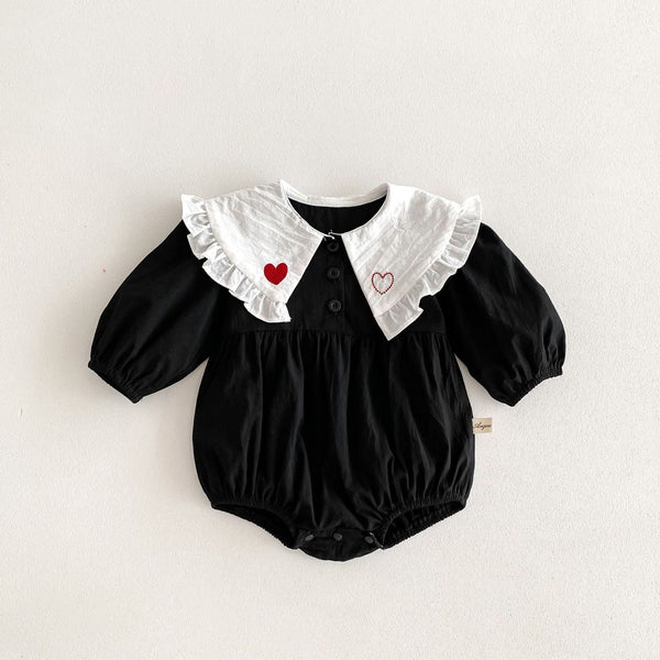 Elegant Heart Embroidery Ruffle Collar Romper