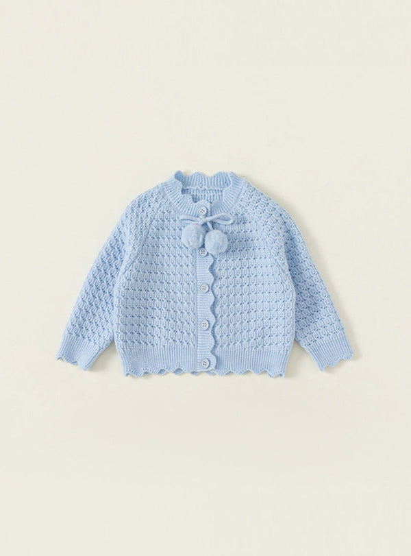 Sky Blue Knit Cardigan with Fuzzy Pom-Pom