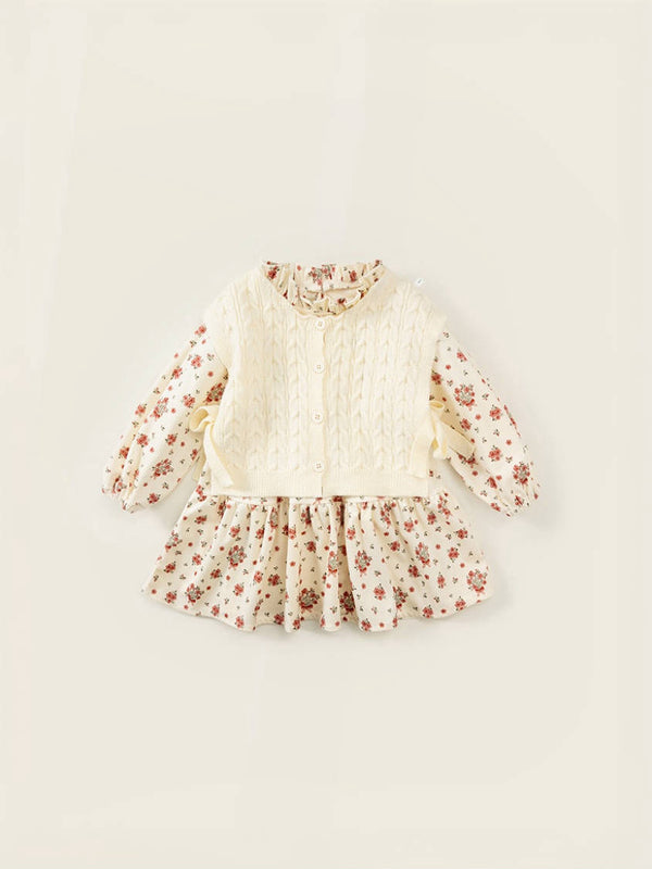 Sweet Floral Dress and Knit Vest Set